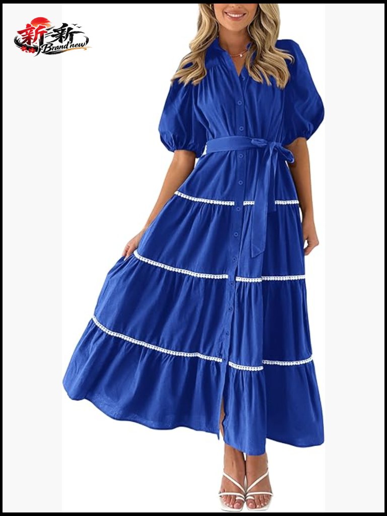 Short Puffy Sleeve Tiered Ruffle Flowy Long Maxi Shirt Dress